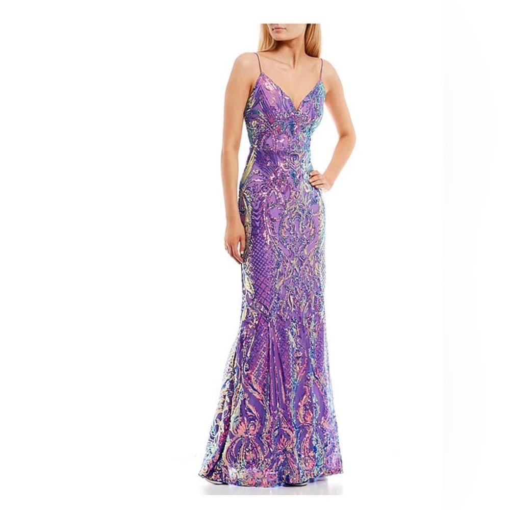 Size 3/4 Purple Pink Iridescent V-Neck  Low Back Sequin Two Tone Trumpet Worn 1x